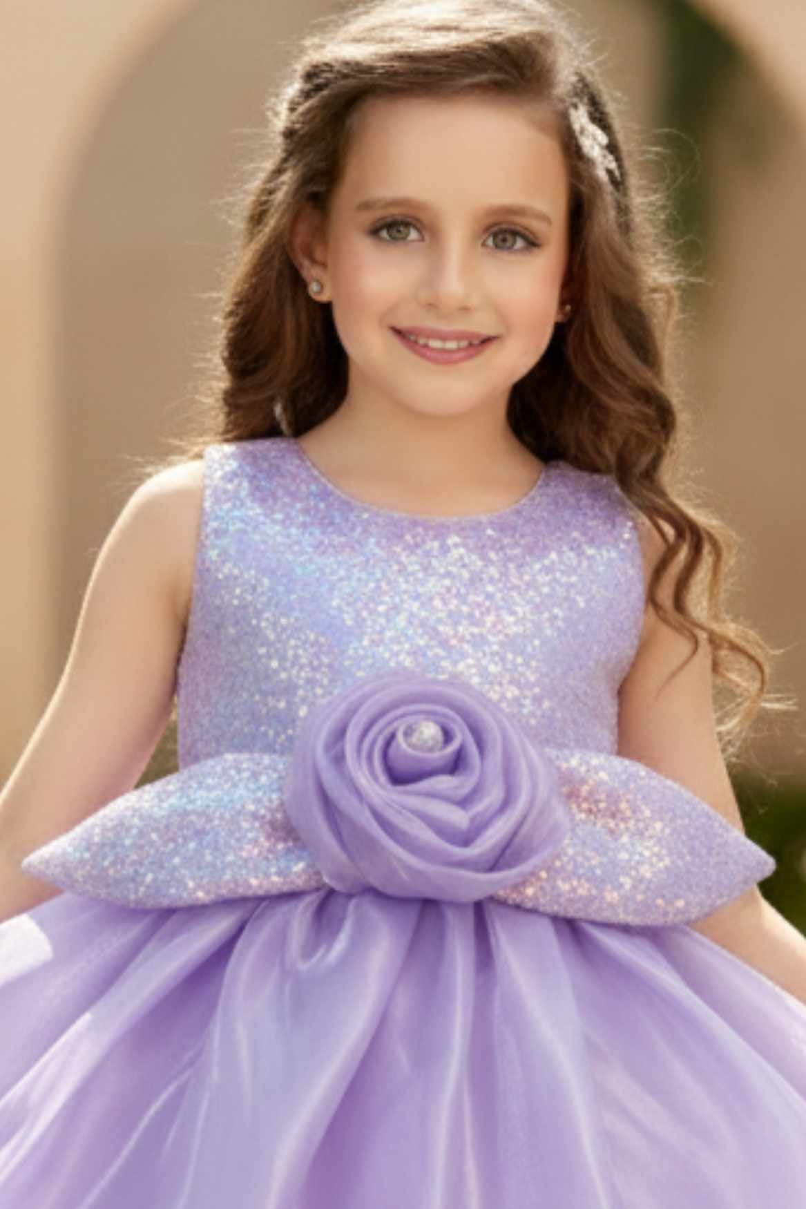 Lavender Shimmer Party Wear Frock with 3D Floral Appliqué For Girls