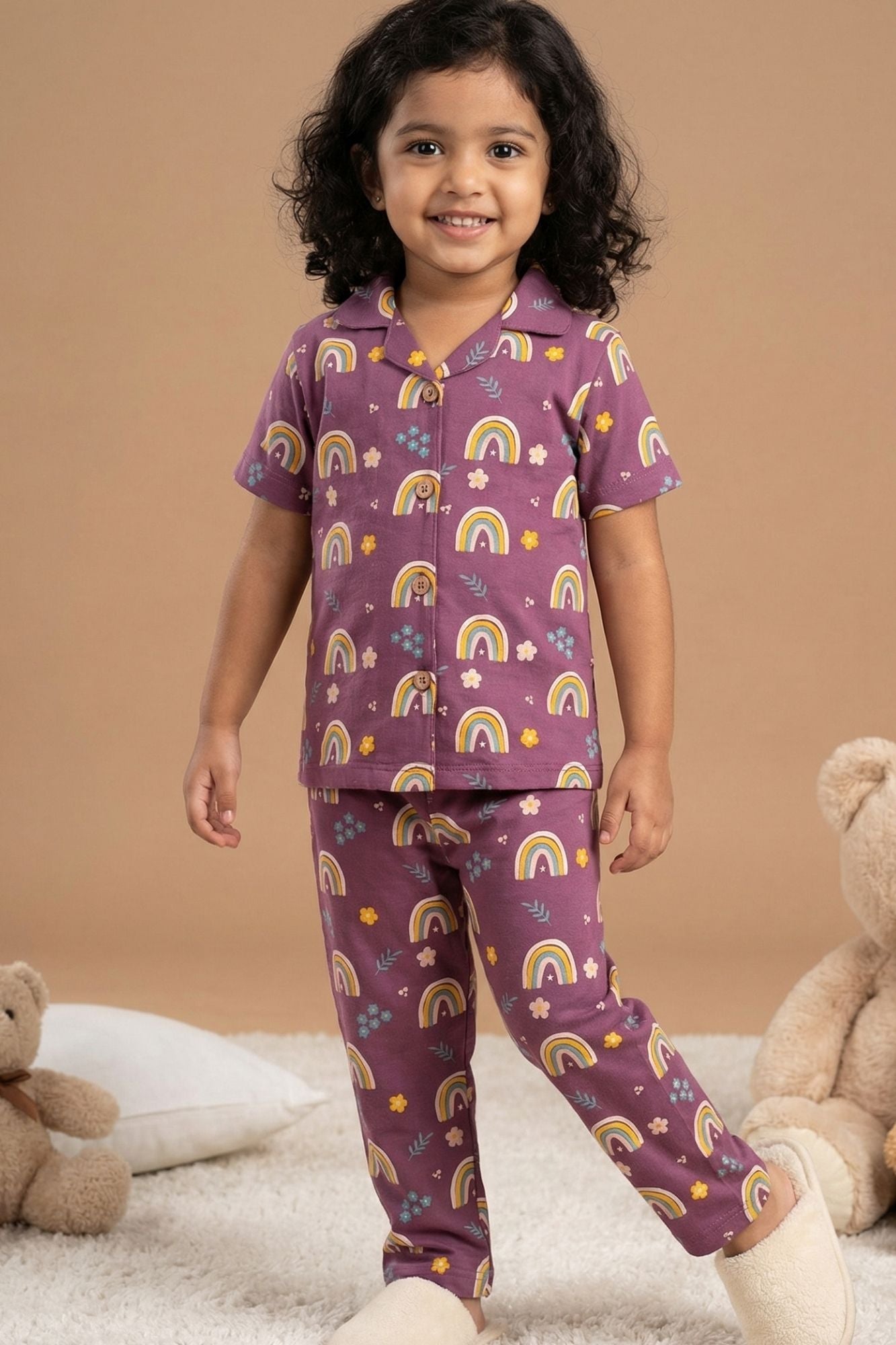Purple Rainbow Print Night Suit Set For Girls