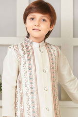 Cream Kurta Set And Open Jacket With Embroidery Work For Boys