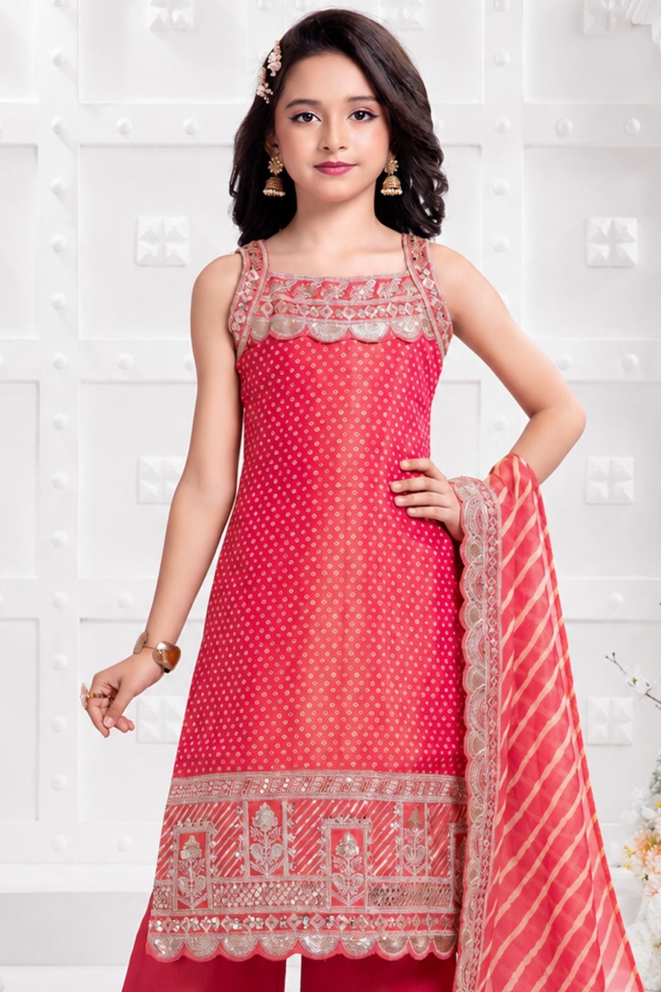 Rani Pink Zari Embroidered Festive Palazzo Set with Dupatta