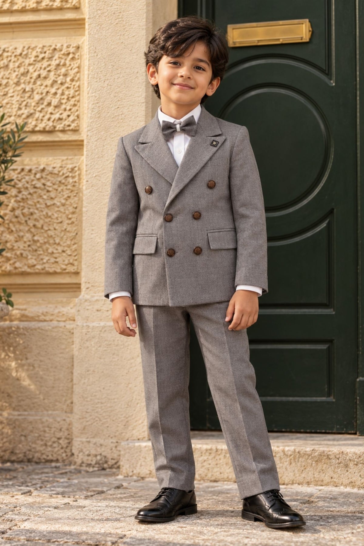 Boys Grey Coat Suit Set with Bow Tie