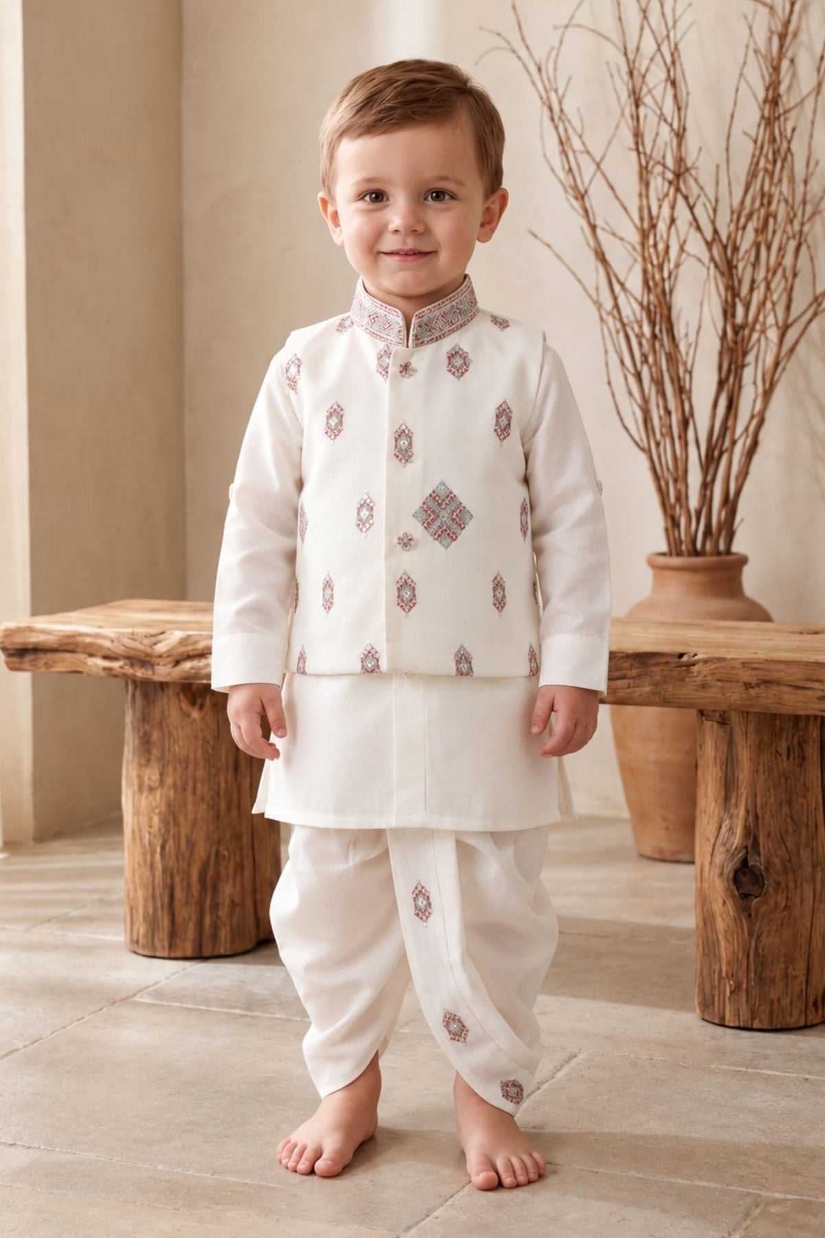 Boys Elegant White Sequin Embellished Geometric Embroidered Dhoti Set with Nehru Jacket