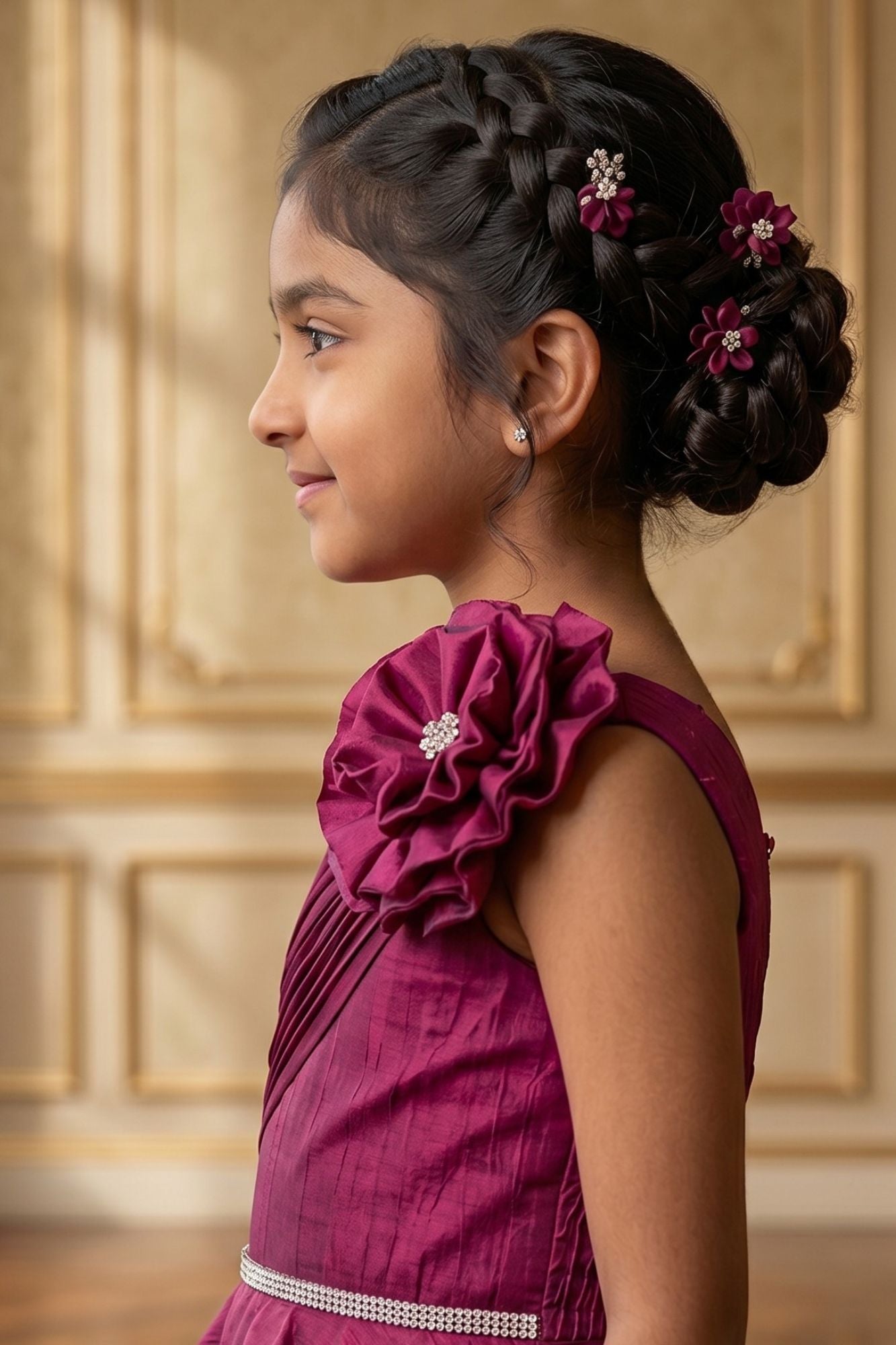Girls Wine One-Shoulder Party Gown with Floral Applique