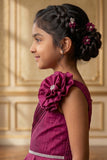 Girls Wine One-Shoulder Party Gown with Floral Applique