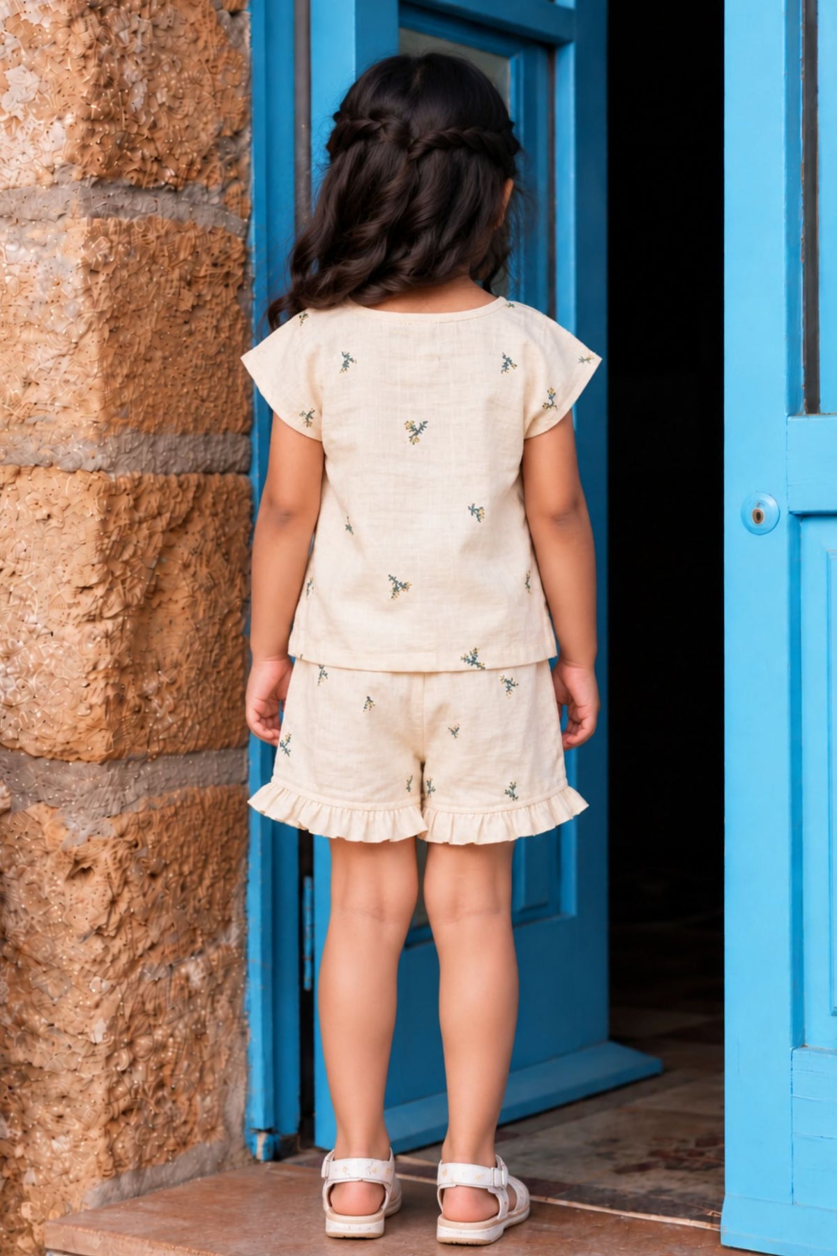 Adorable Girls Ivory Floral Print Top & Shorts Set with Ruffle Details