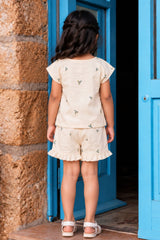 Adorable Girls Ivory Floral Print Top & Shorts Set with Ruffle Details