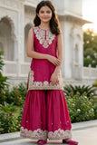 Girls Rani Pink Embroidered Sharara Set With Dupatta