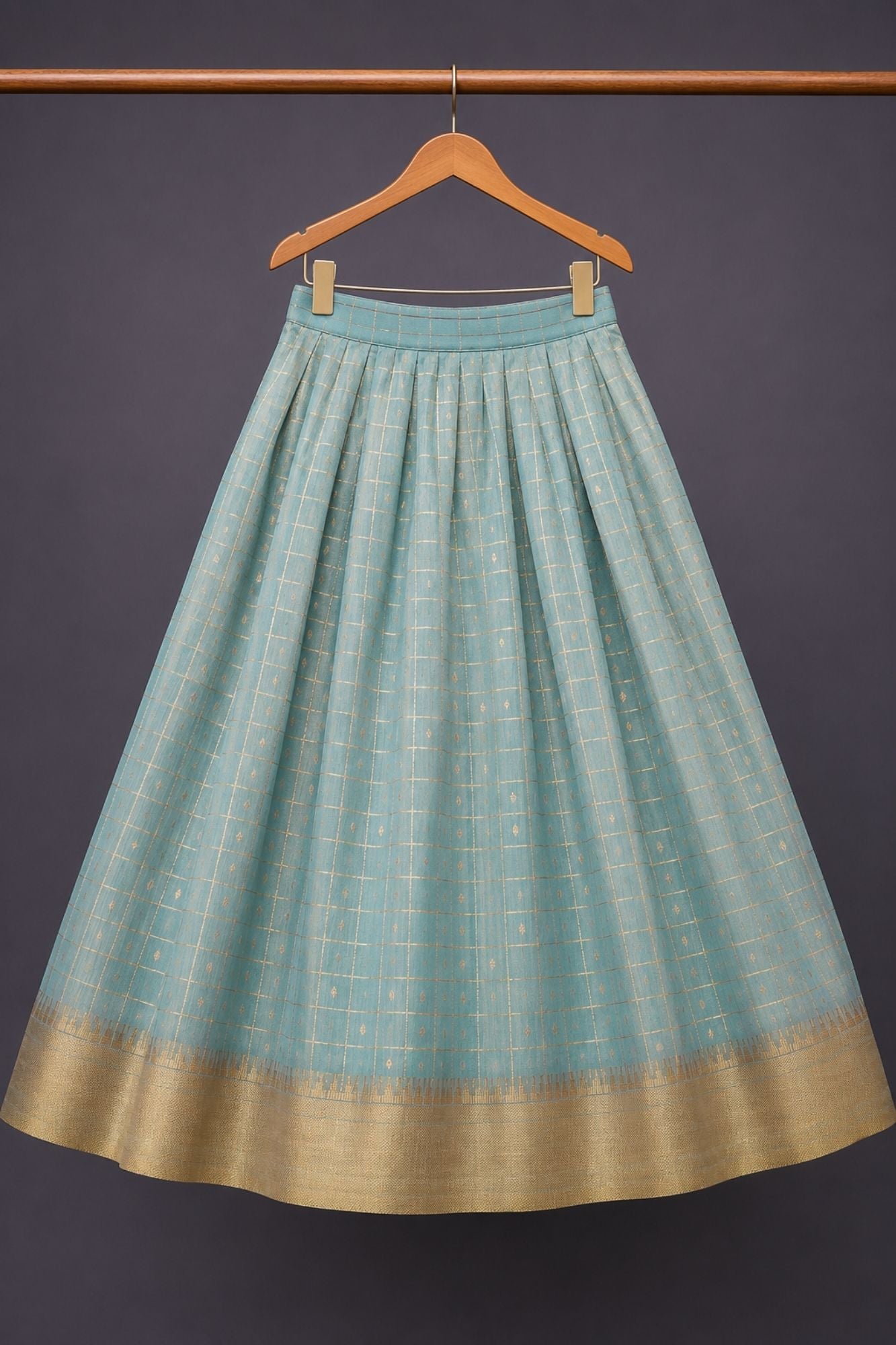 Wine & Ice Blue Silk Pattu Pavadai with Puff Sleeves For Girls