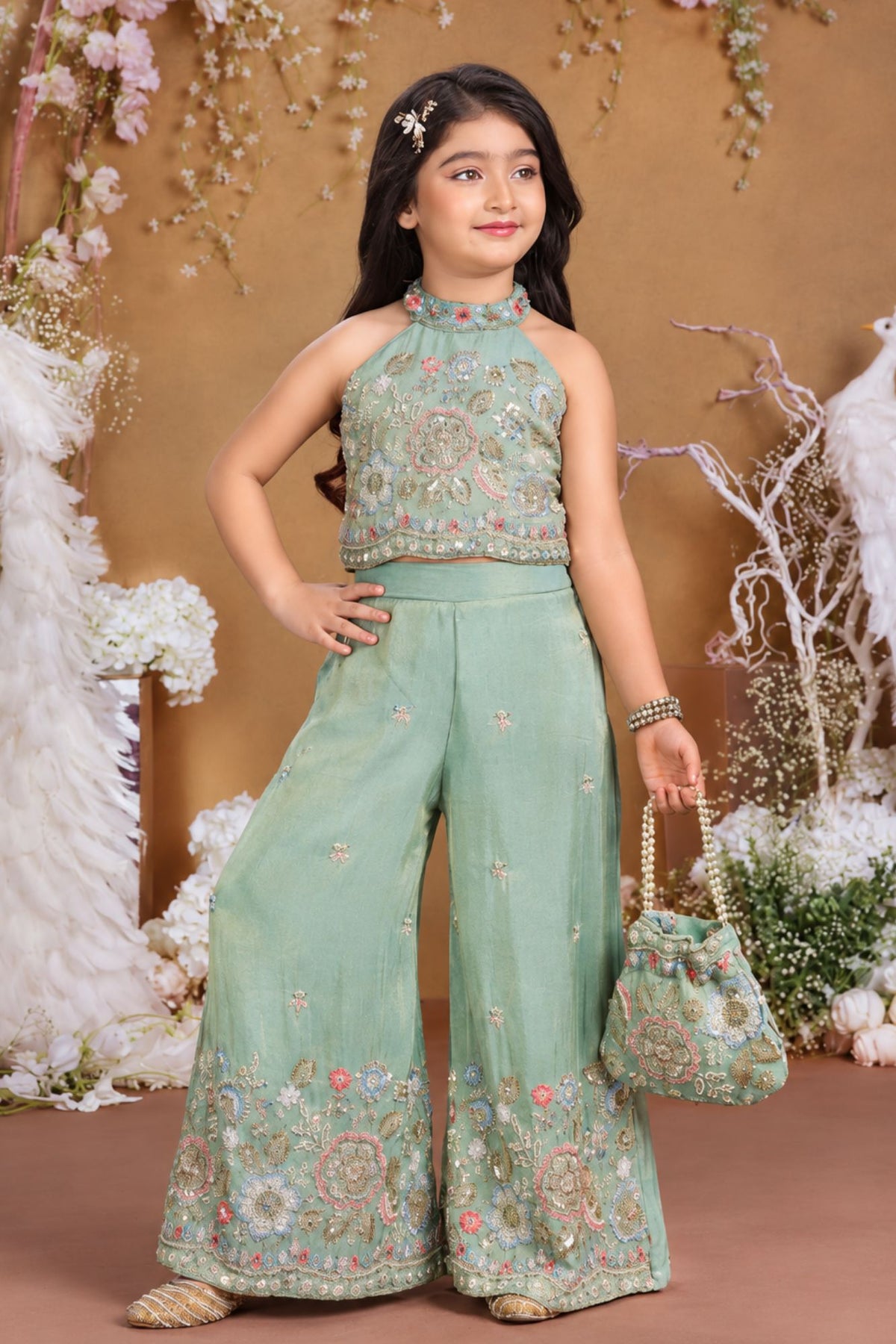 Girls Elegant Pista Green Floral Embroidered Palazzo Set