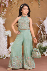 Girls Elegant Pista Green Floral Embroidered Palazzo Set