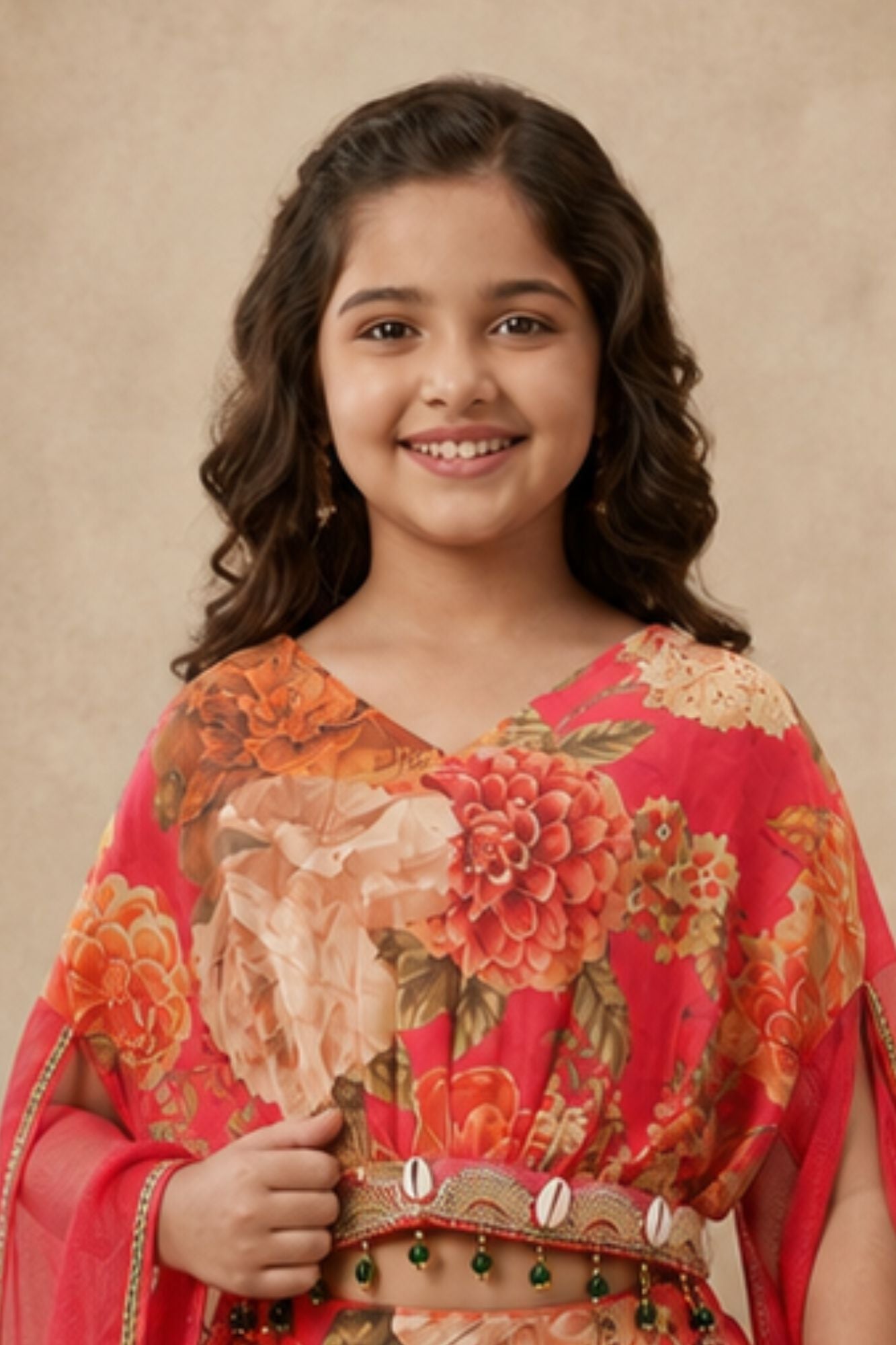 Coral Pink Floral Printed Cape Style Lehenga Choli