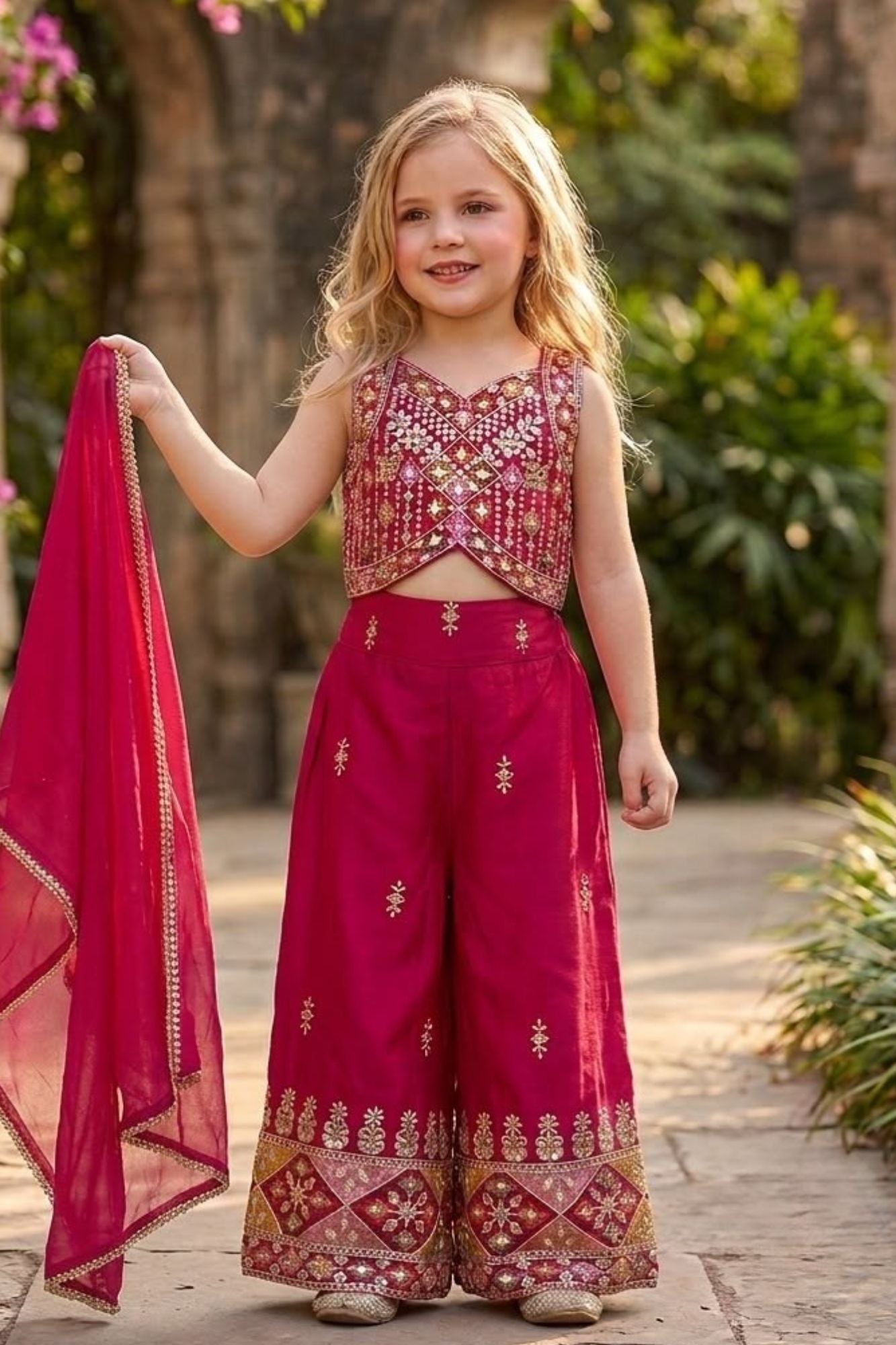 Girls Rani Pink Embroidered Palazzo Set With Dupatta