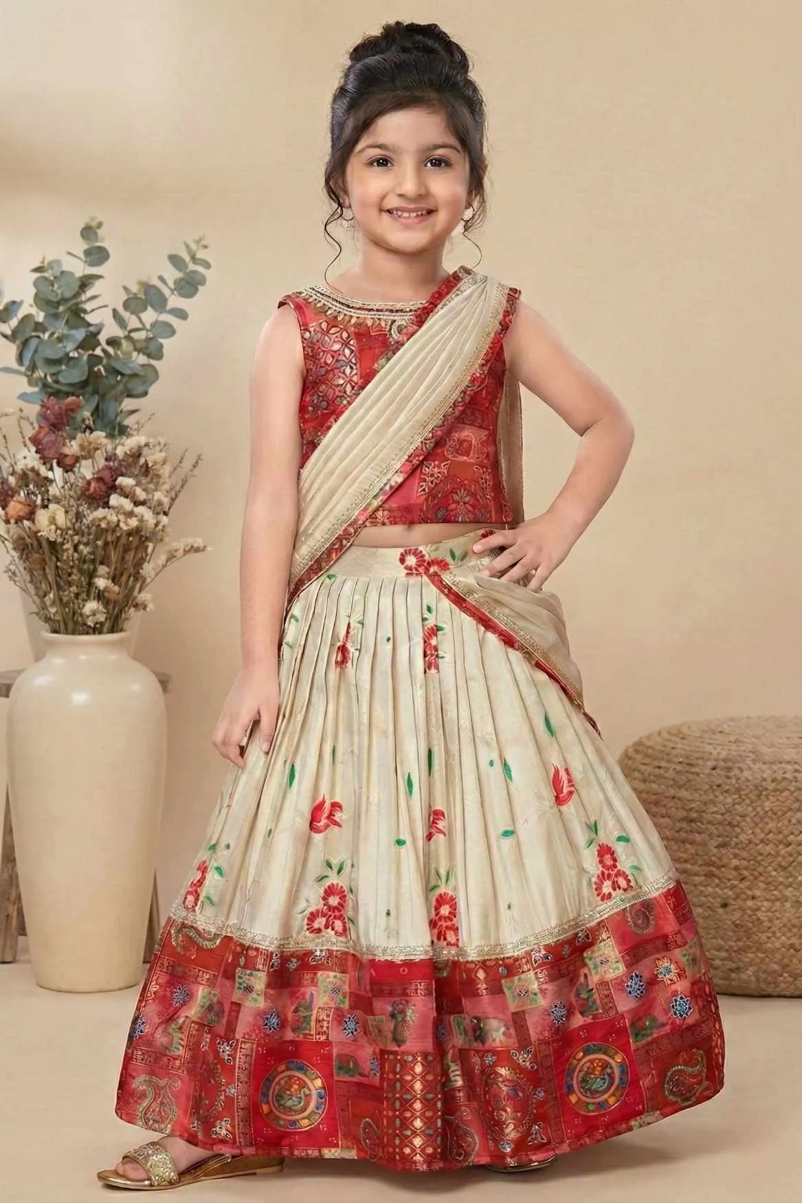 Red Patchwork Lehenga Choli with Attached Dupatta for Girls