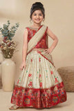 Red Patchwork Lehenga Choli with Attached Dupatta for Girls