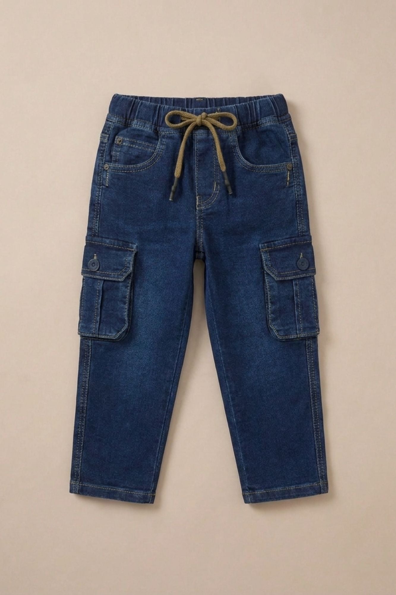 Blue Denim Cargo Jeans with Drawstring Waist