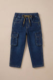 Blue Denim Cargo Jeans with Drawstring Waist