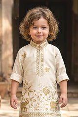 Elegant Boys Ivory With Gold Floral And Elephant Motifs Kurta Set For Festive Wear