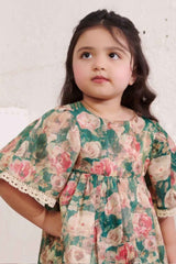 Parrot Green Floral Printed Casual Frock With Bell Sleeves For Girls