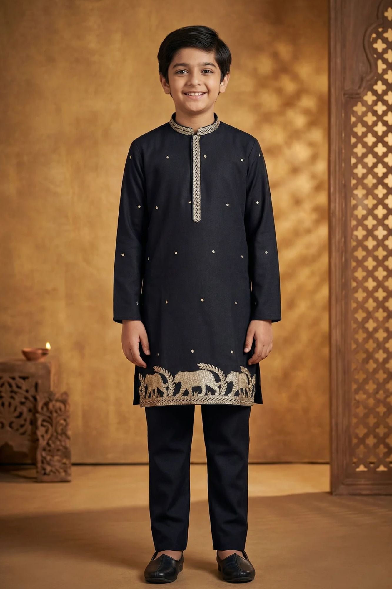 Boys Black Kurta Pajama Set With Golden Zari Embroidery And Shawl
