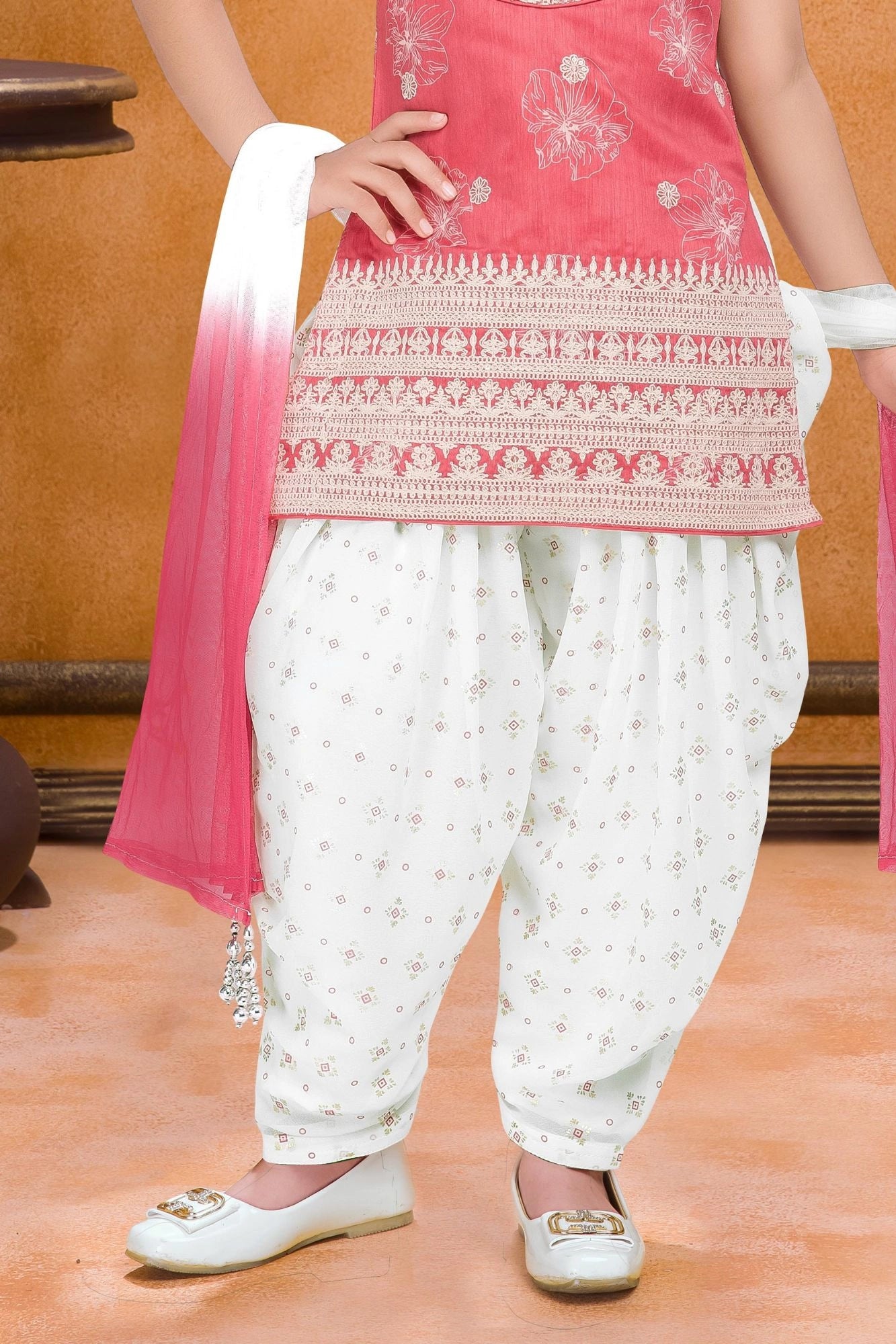 Red And White Printed With Embroidered Patiala Set For Girls