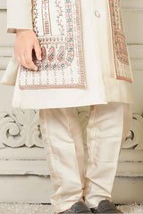 Cream Kurta Set And Open Jacket With Embroidery Work For Boys