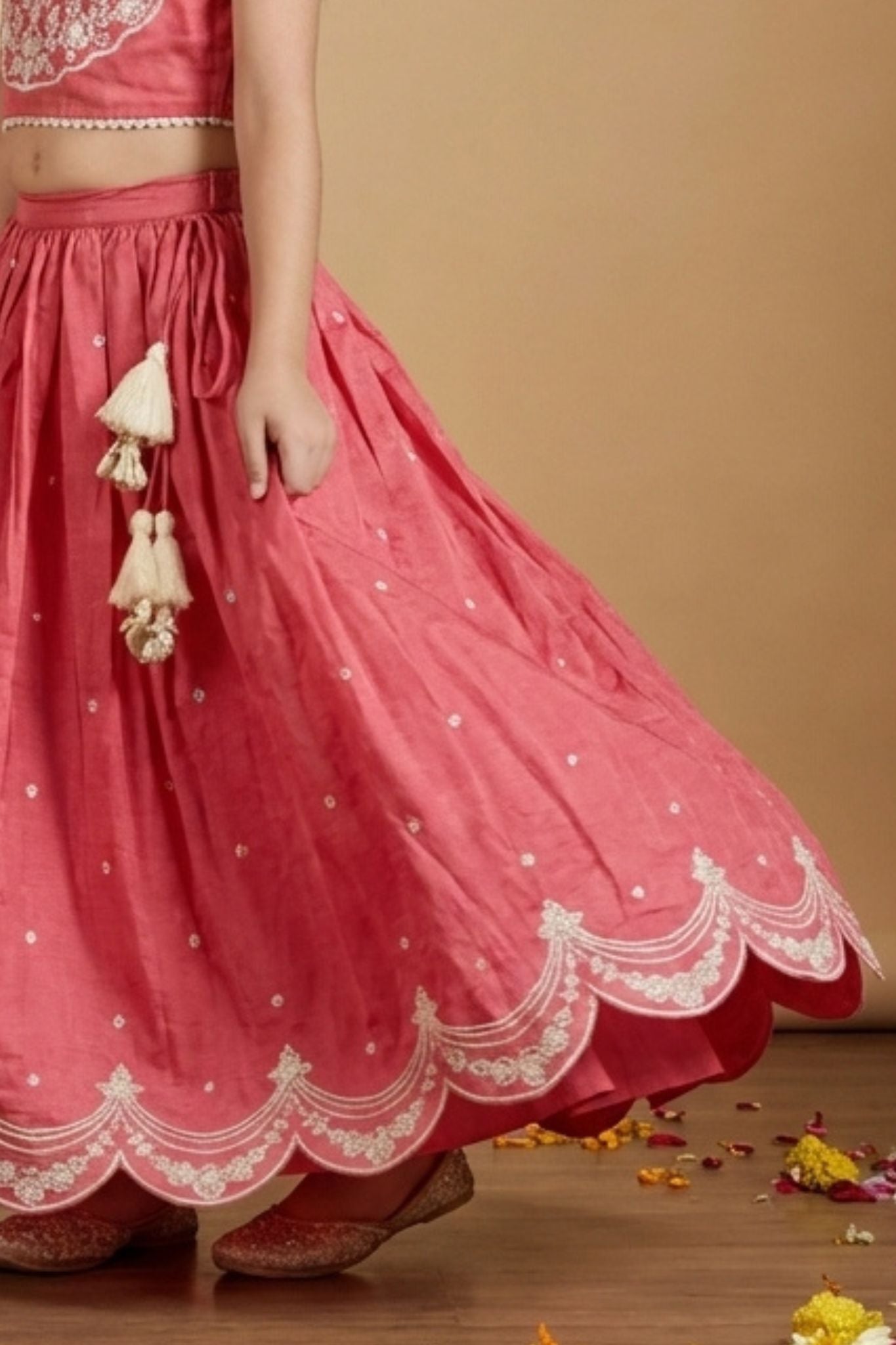 Bright Red Embroidered Lehenga Choli Set For Girls