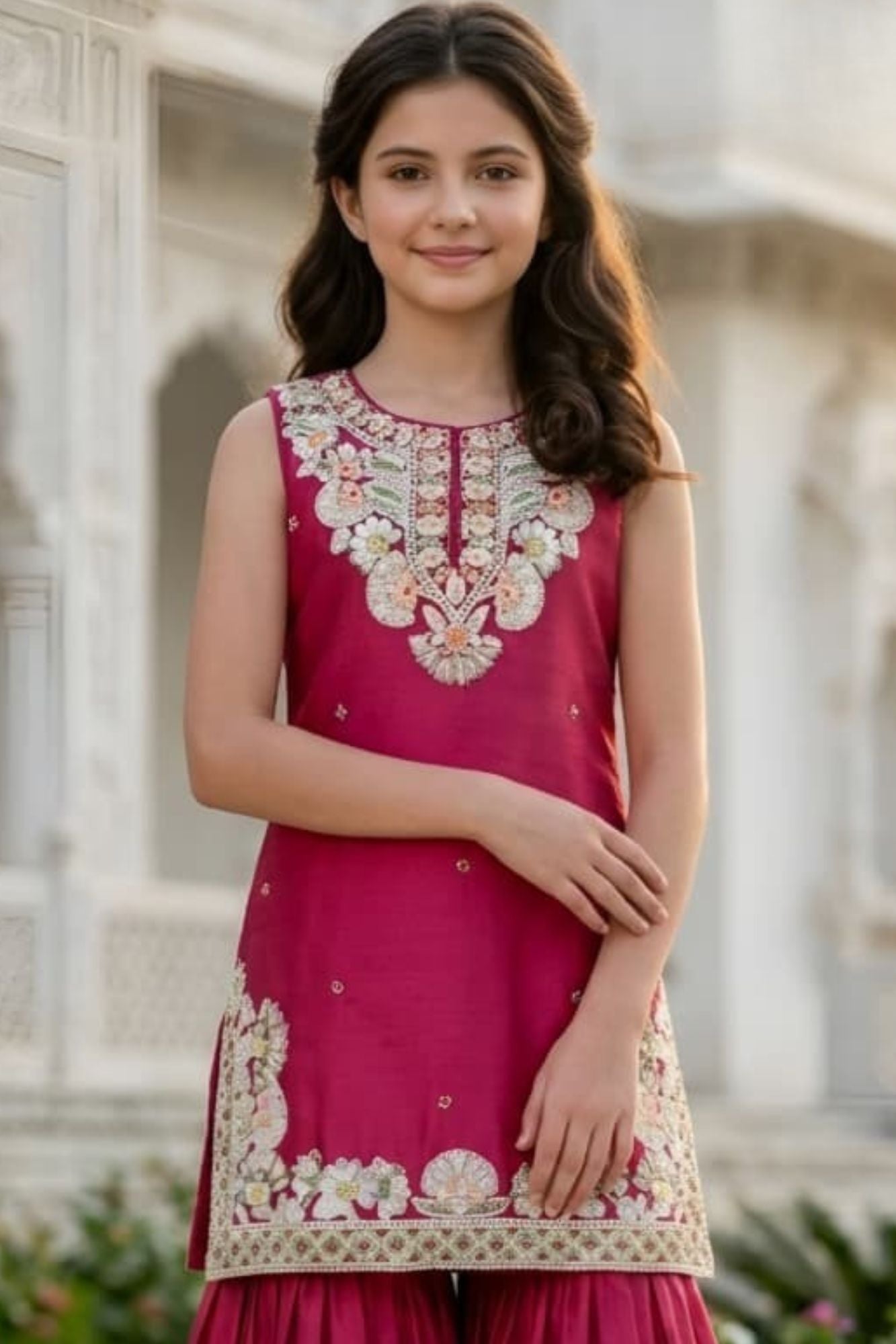 Girls Rani Pink Embroidered Sharara Set With Dupatta