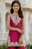 Girls Rani Pink Embroidered Sharara Set With Dupatta