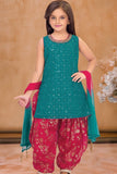 Green & Red Green Seqiuns Embroidered Patiala Set with Dupatta For Girls
