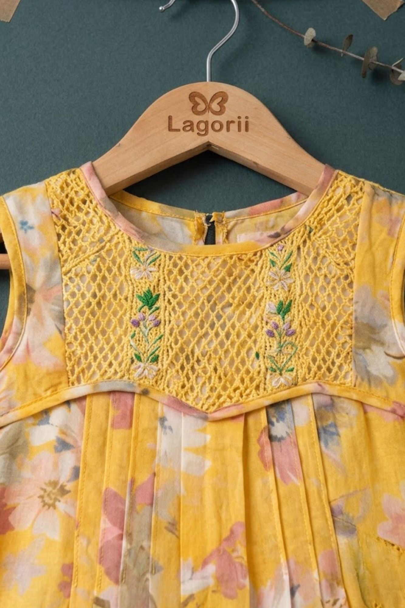 Girls Mustard Yellow Floral Printed Dress With Embroidered Yoke