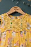 Girls Mustard Yellow Floral Printed Dress With Embroidered Yoke