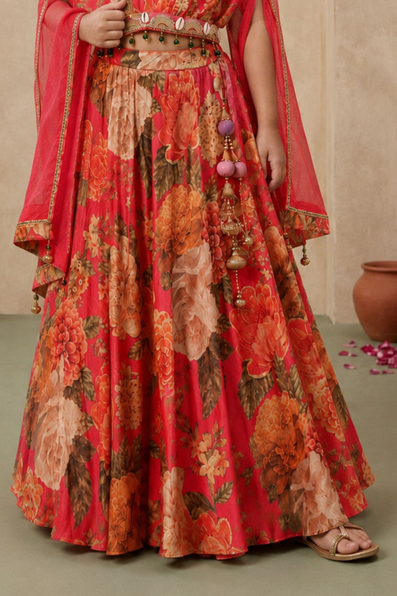 Coral Pink Floral Printed Cape Style Lehenga Choli