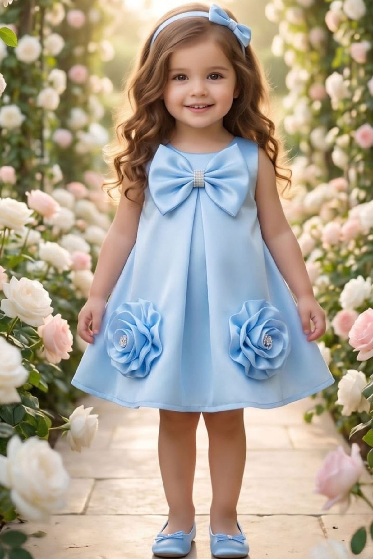 Girls Blue Bow And Floral Applique Party Wear Frock