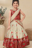 Red Patchwork Lehenga Choli with Attached Dupatta for Girls