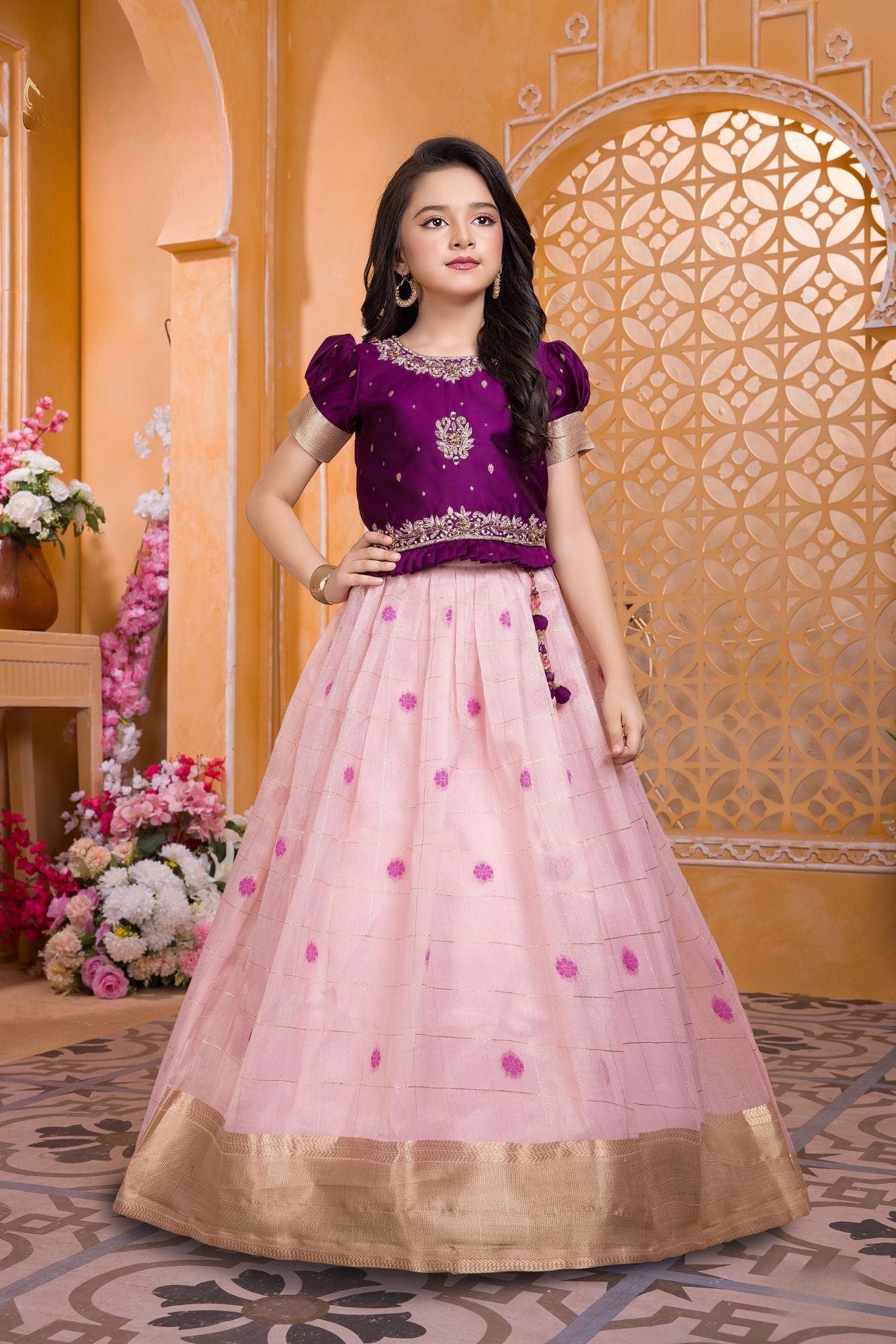 Wine & Blush Pink Pattu Pavadai with Puff Sleeves For Girls