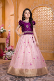 Wine & Blush Pink Pattu Pavadai with Puff Sleeves For Girls