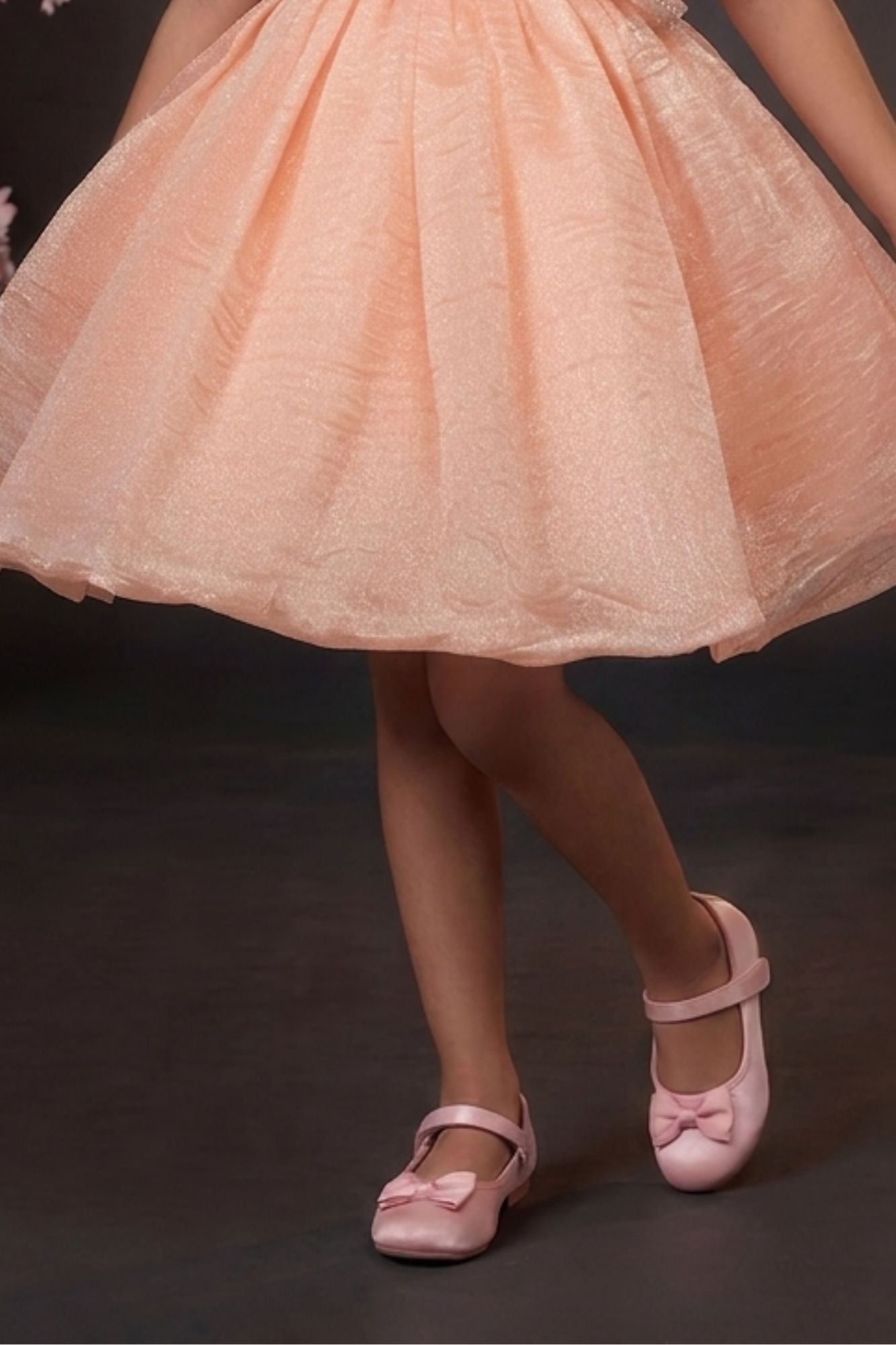 Peach One-Shoulder Party Frock with 3D Floral Bow For Girls