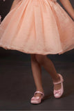 Peach One-Shoulder Party Frock with 3D Floral Bow For Girls