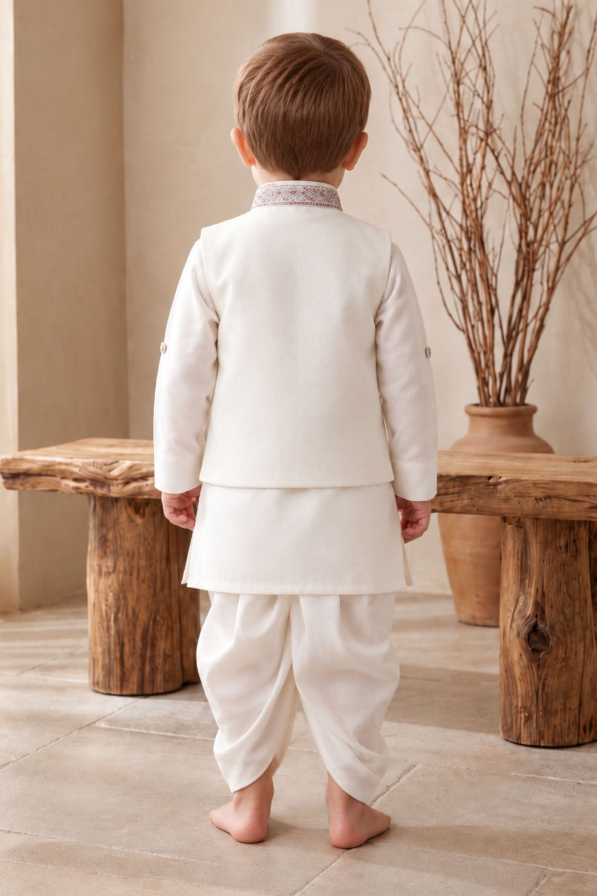 Boys Elegant White Sequin Embellished Geometric Embroidered Dhoti Set with Nehru Jacket