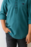 Teal Green Checkered Kurta Shirt With Mandarin Collar And Half Placket For Boys