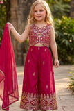 Girls Rani Pink Embroidered Palazzo Set With Dupatta