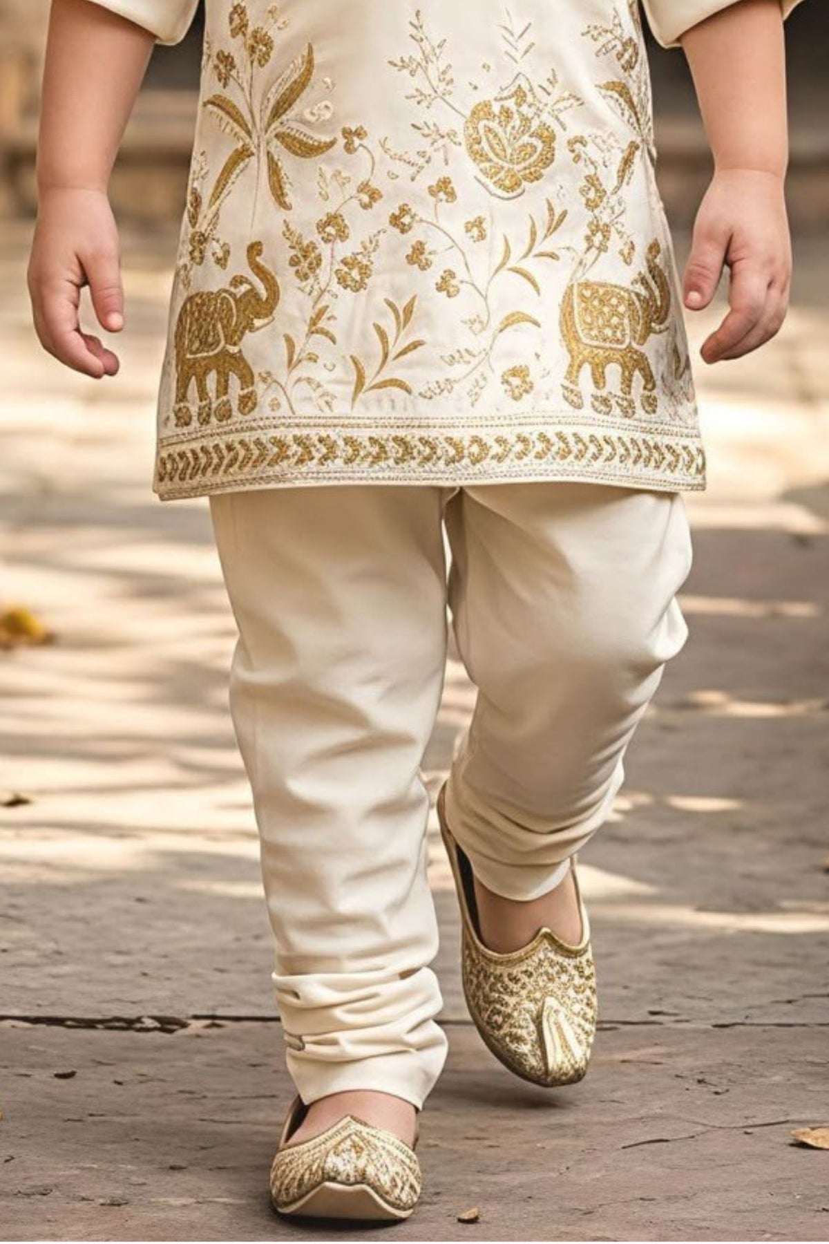 Elegant Boys Ivory With Gold Floral And Elephant Motifs Kurta Set For Festive Wear