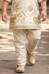 Elegant Boys Ivory With Gold Floral And Elephant Motifs Kurta Set For Festive Wear