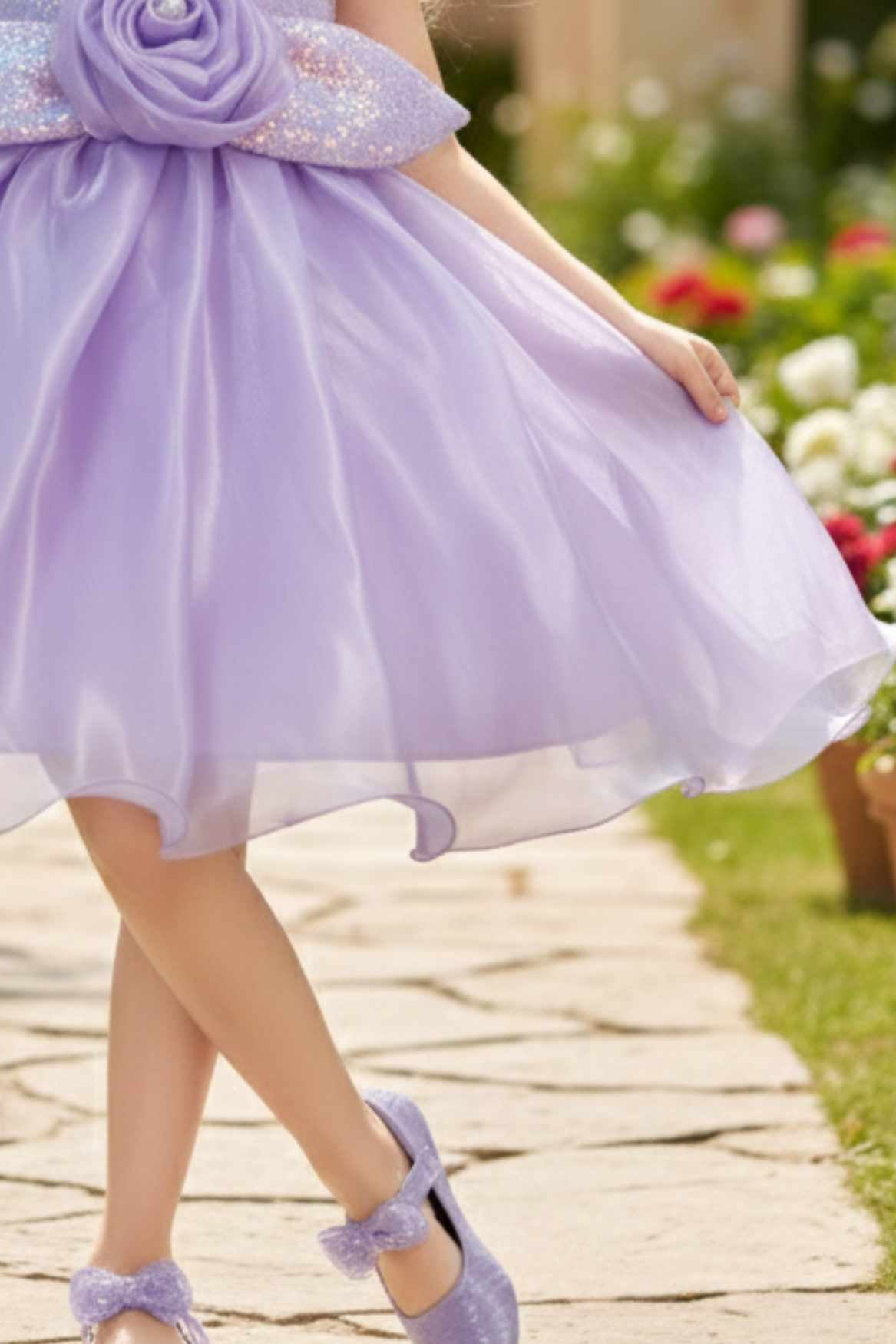 Lavender Shimmer Party Wear Frock with 3D Floral Appliqué For Girls