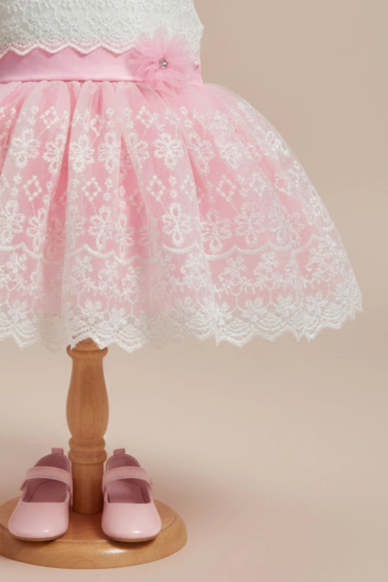 Pink & White Embroidered Party Frock with Floral Appliqué For Girls