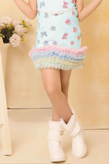 Sky Blue Ruffle Hem Dress With Pastel Flower And Butterfly Detail For Girls