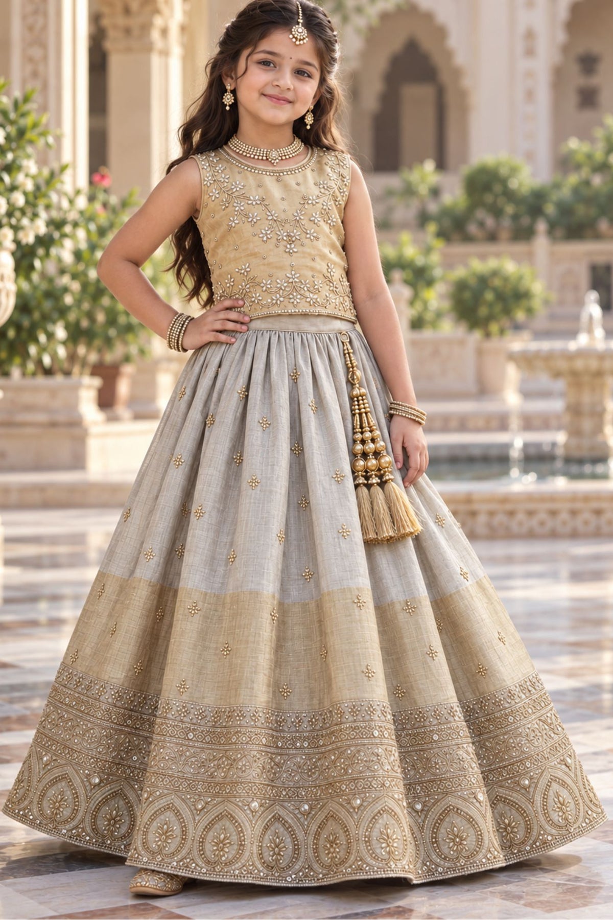 Girls Champagne Gold Floral Embroidered Lehenga Choli Set