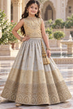 Girls Champagne Gold Floral Embroidered Lehenga Choli Set