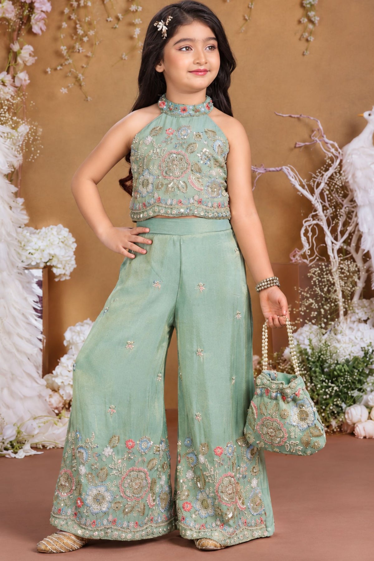Girls Elegant Pista Green Floral Embroidered Palazzo Set