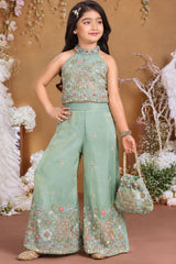 Girls Elegant Pista Green Floral Embroidered Palazzo Set